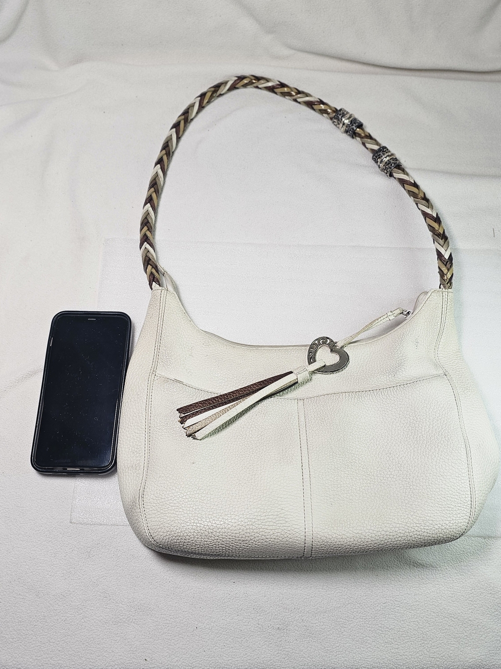 Brighton Cream Leather Shoulder Bag with Braided Handle and Heart Charm